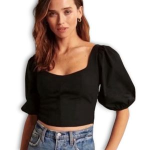 NWT Abercrombie & Fitch Black Prairie Peasant Lace-Up Poplin Corset Crop Top, XS
